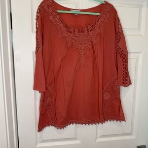Contrast Women's Lace Detail Top - Rust Coral long sleeve Sz XL excellent